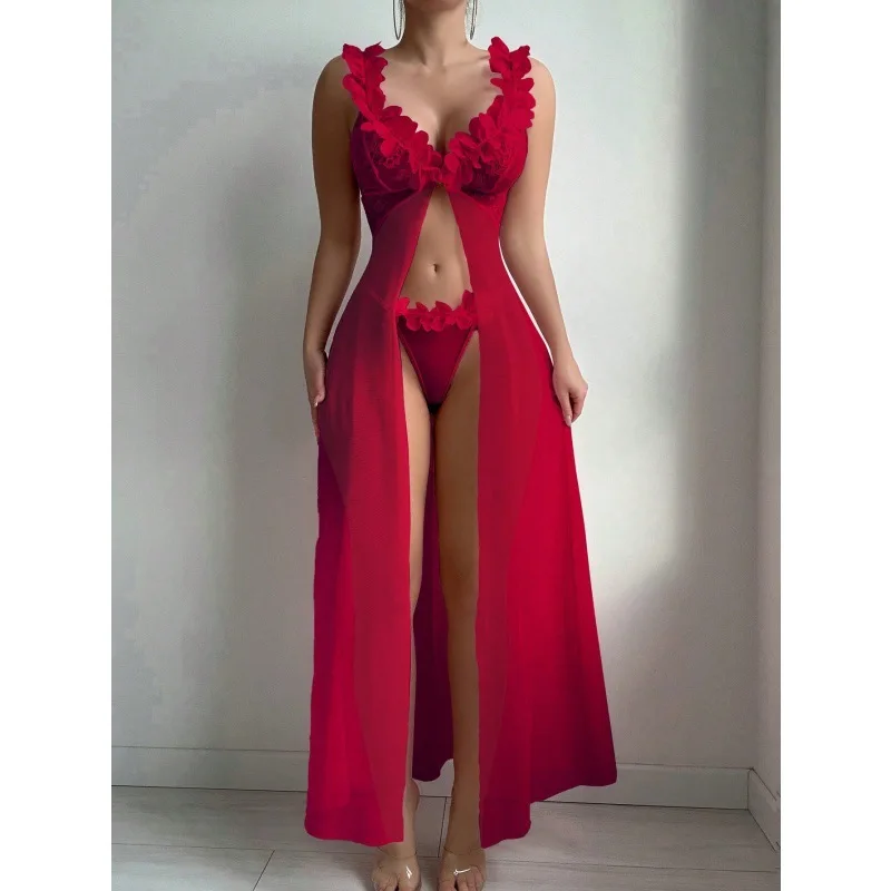 2Pcs Women's Floral Lace Lingerie Set Deep V Split Long Slip Nightgown with Thong Sexy Sheer Sleepwear