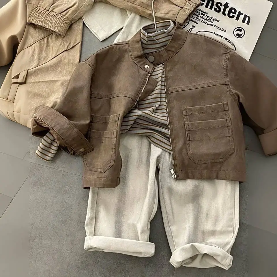 2025 Autumn New Boys Biker Jacket Fashion Casual Vintage Solid Color Long Sleeve Zipper Coat for 2-11Y Children Spring Outerwear