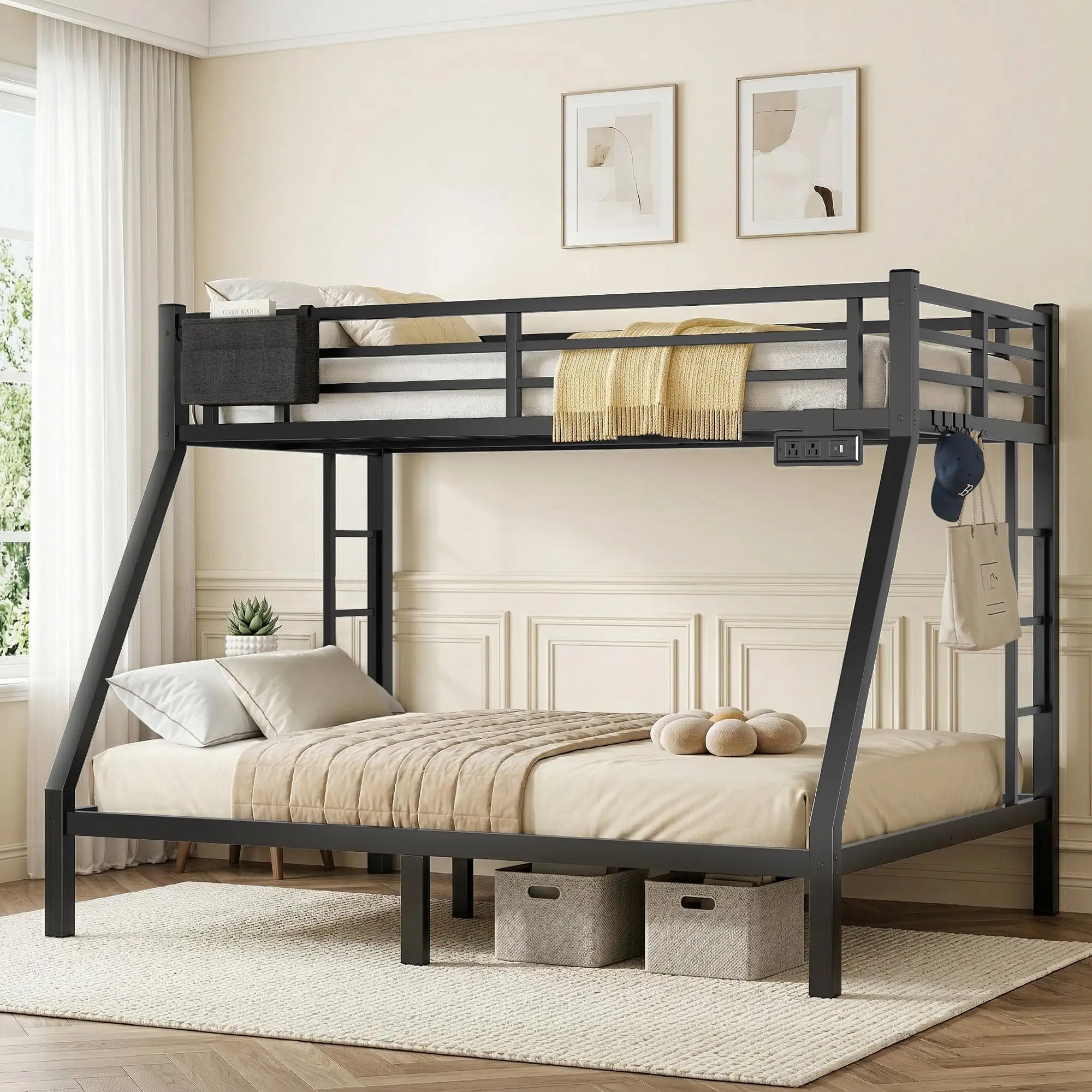 Twin Over Full Bunk Bed Frame, Heavy Duty Metal Loft Bed for Adults/Teens, 250/350LB Capacity w/Ladder & Guardrail