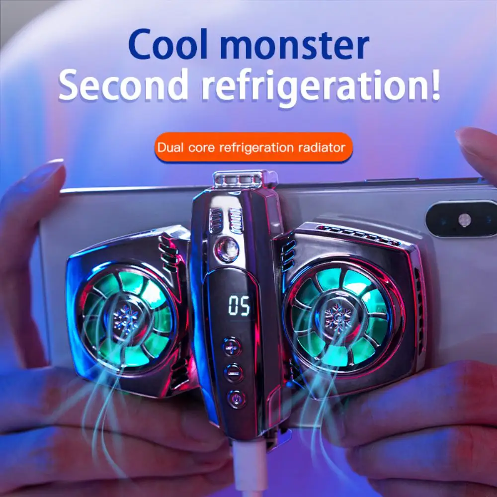 Cell Phone Cool Heat Sink Dual Cooling Fan Rgb Colorful Lights Phone Cooler With Smartphone Temperature Display Portable