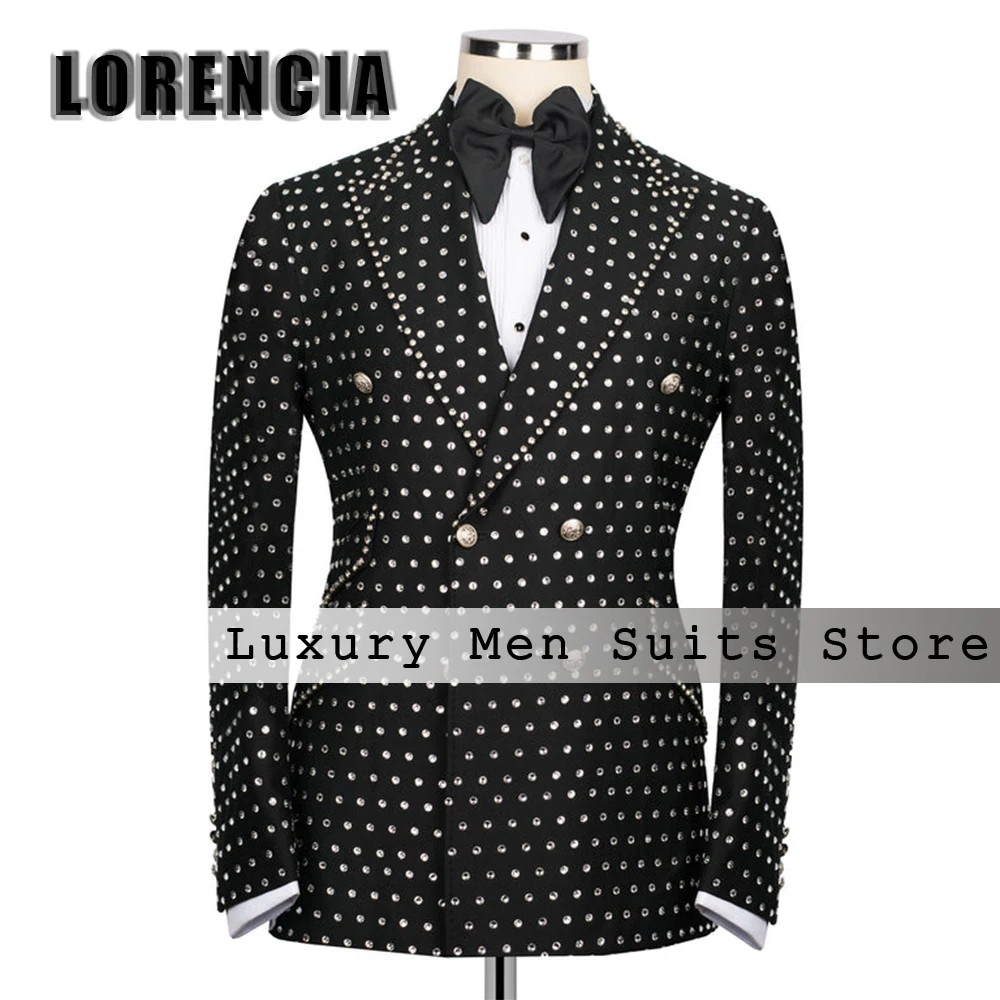 Classic Crystal Ornament Suit for Men Double Breasted Wedding Groom Tuxedo Customized Peak Label Blazer Pants trajes para hombre