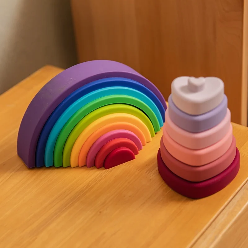 Children Rainbow Colors Silicone Stacking Toys Montessori Creative Toys BPA Free Food Grade Silicone Early Education Kids Gifts