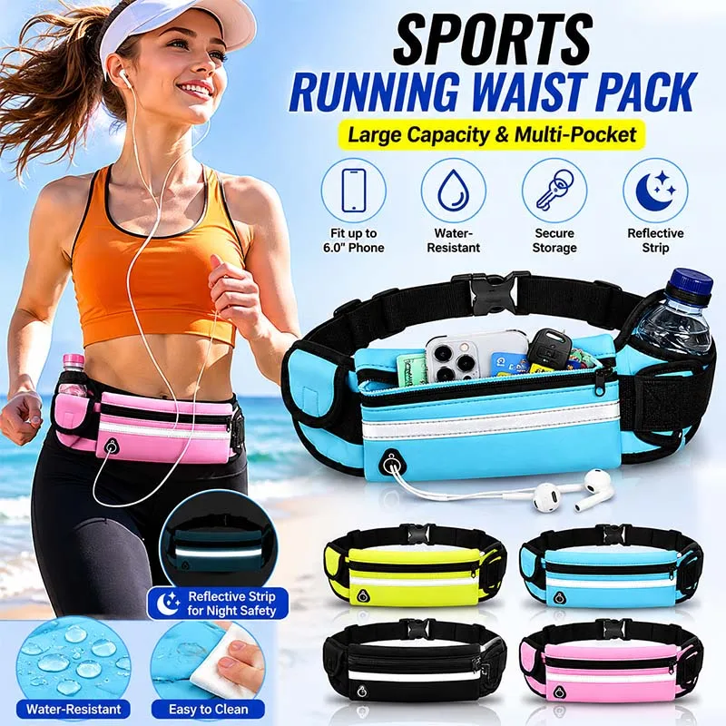 Unisex Sports Waist Bag With Reflective Strip Waterproof Running Belt Bag Can Hold Water Bottle for Outdoor Fitness Cycling
