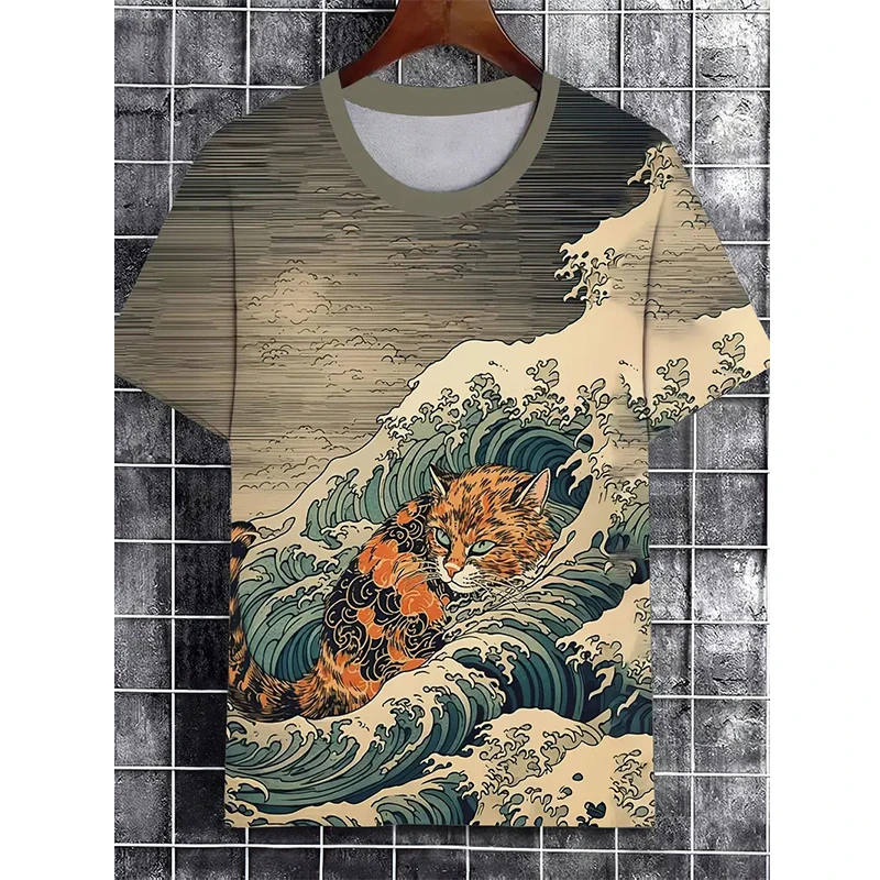 Funny Cat Pattern T-Shirt For Men Personality Animal 3D Printed Vintage Japanese Style T Shirts Summer Short Sleeved Casual Tees