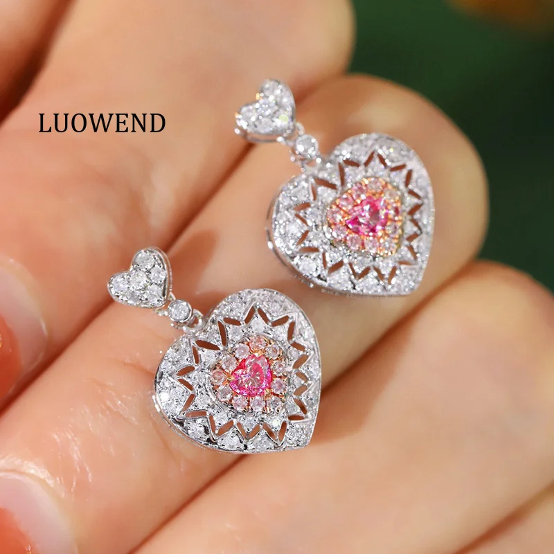 LUOWEND 100% 18K White Gold Earrings Women Real Natural Pink Diamond Earrings Vintage Skeleton Heart Design High Party Jewelry