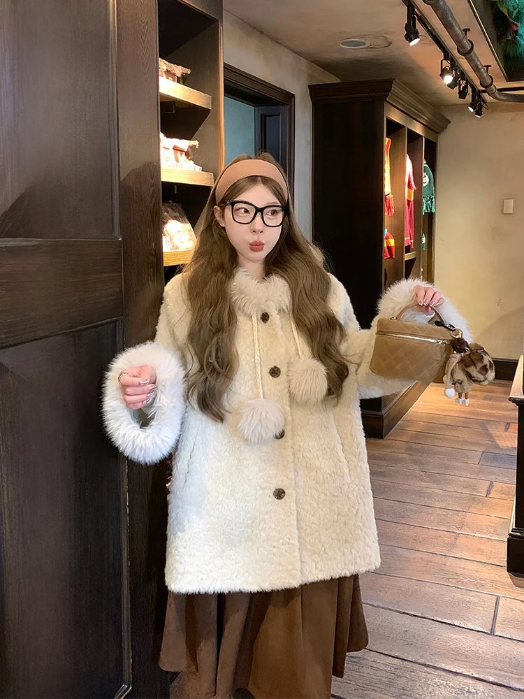 

Women's Fur Collar Suede Jaet Coat Inteated Leather And Fur Hooded Oversize Autumn Winter Faion Casual Top Coat