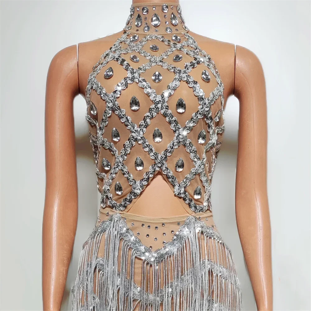 Women Sexy Short Dress Sparkly Silver Sequins Tassel Crystal Backless Halter Birthday Prom Party Fringe Dress Singer DS Costume