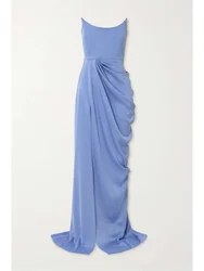 Customized Strapless Sleeveless Scoop Neckline Chiffon Mermaid Prom Dress Elegant Open Back Zipper High Slit Sweep Train Gowns