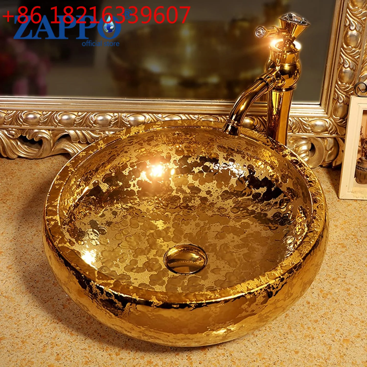 YAO  Gold Vessel Sink with Faucet Drain 15” Round Ceramic Bathroom Sink Above Counter Gold Luxury Vessel Sinks for Bathroom
