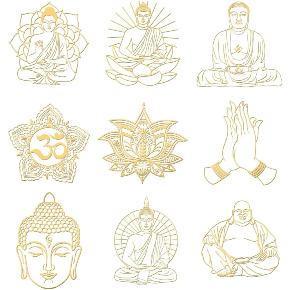 9pcs 1.6x1.6 Inch Buddha Theme Stickers Spiritual Stickers Self Adhesive Gold Metal Stickers Buddhist Lotus Metal making kit