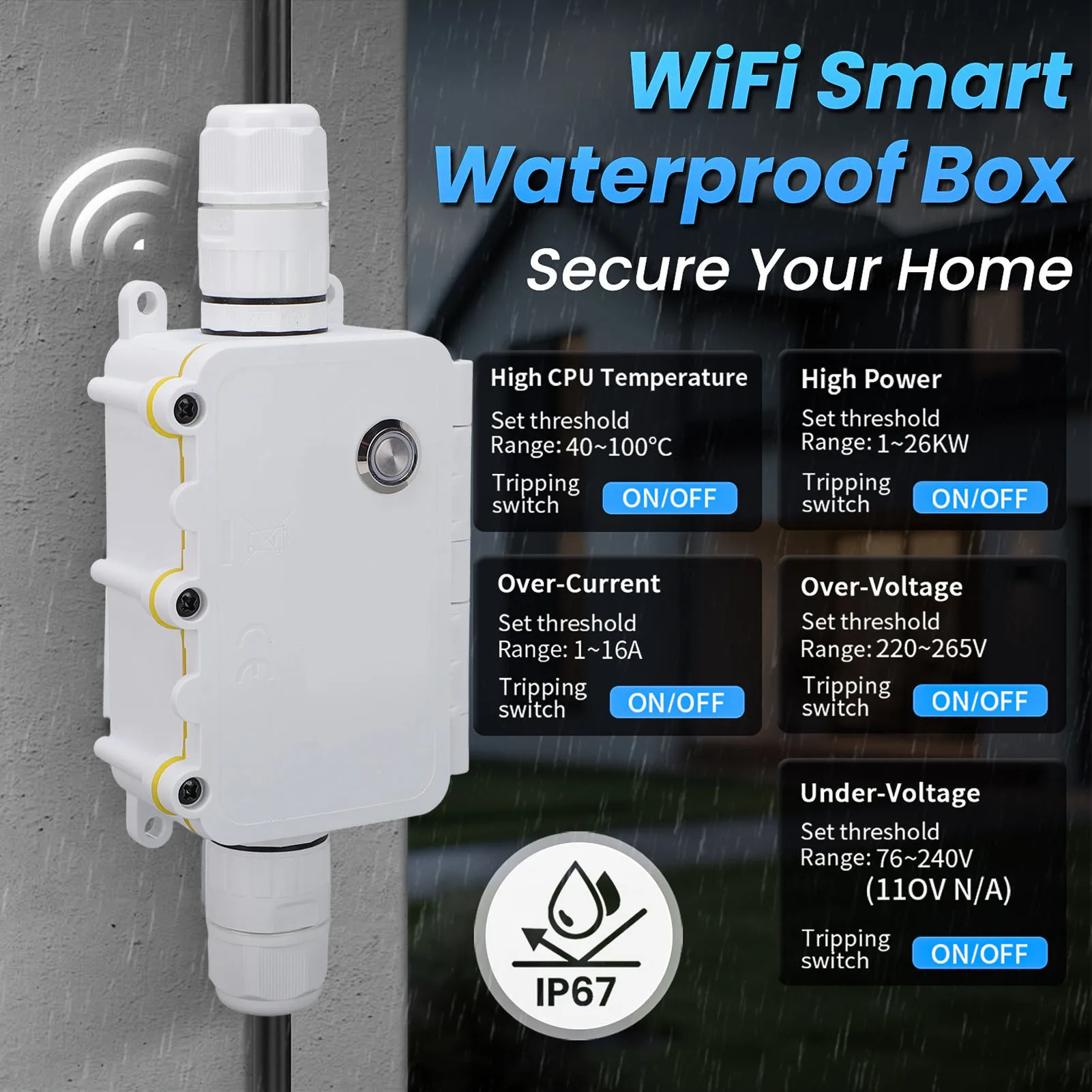 

Уличная распределительная коробка Wi-Fi 16A IP67 Водонепроницаемая коробка Управление через приложение Умный таймер для освещения дорожки у бассейна Праздничное украшение