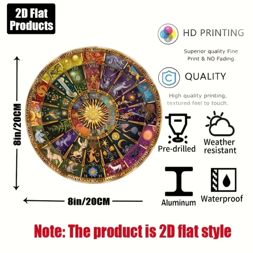 Vintage Zodiac Astrology Wheel Sun Star Art 2D flat Round Metal Tin Sign Mystic Witchy Farmhouse Home Wall Decor 7.87x7.87 Inch