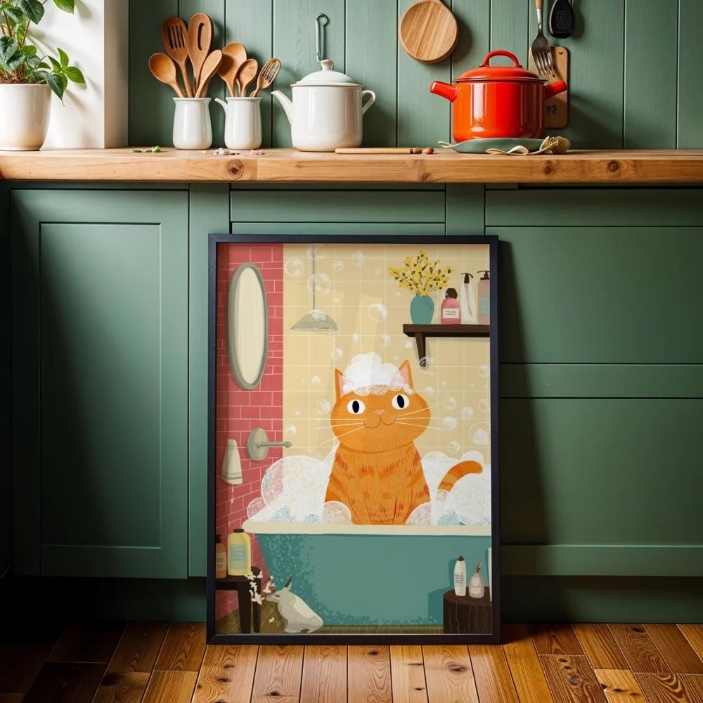 Fun Bathroom Poster Turmeric Orange Cat Toilet Fun Bubble Bath Canvas Painting Wall Art Poster Picture Home Decor Mural Cuadros