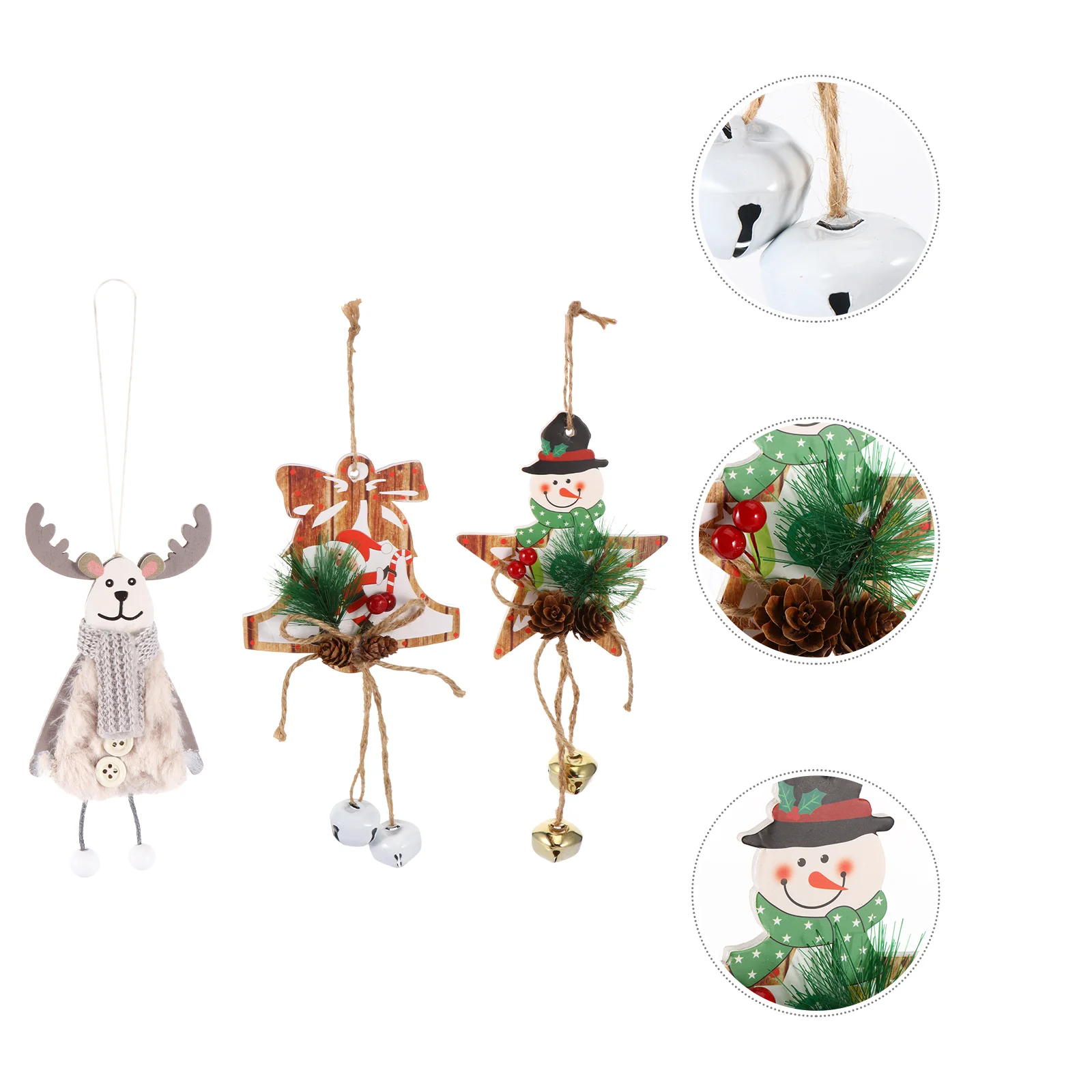 3 Pcs Wooden Hanging naments Craft Christmas Wind Chimes Decorations Adornment Rope Xmas Tree Festive Door Window Holiday Safe