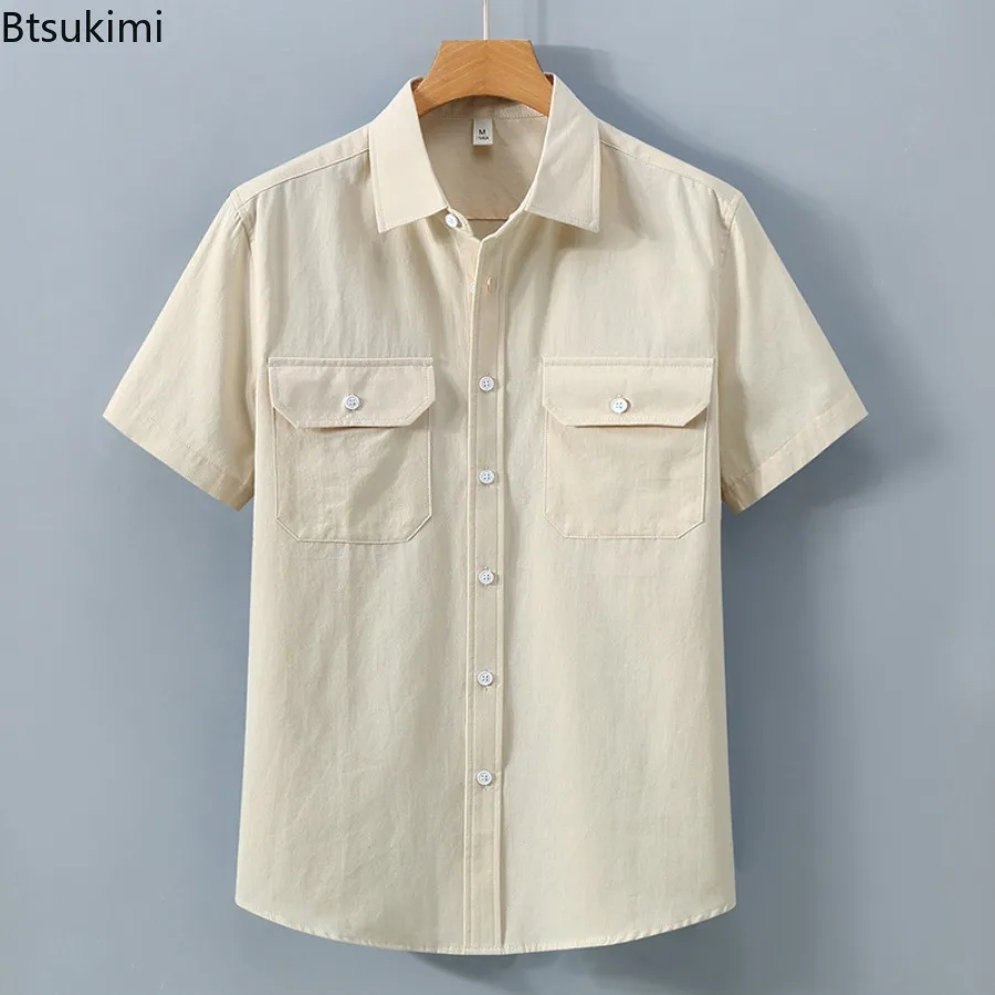 2025 Men's Summer Cotton Short Sleeve T-Shirt Solid Color Two Pockets Business Office Casual Loose Breathable Shirts Youth Top