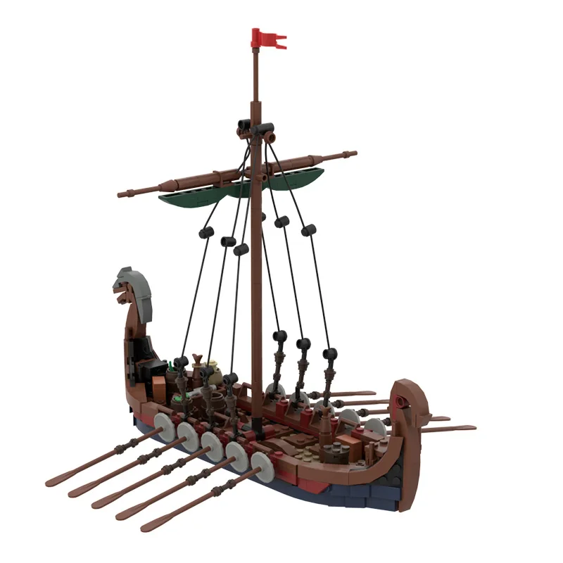 Wikinger Langschiff MOC Bausteine, Drachenkopf Kriegsschiff mit Holzstruktur, historisches Modell DIY für Sammler