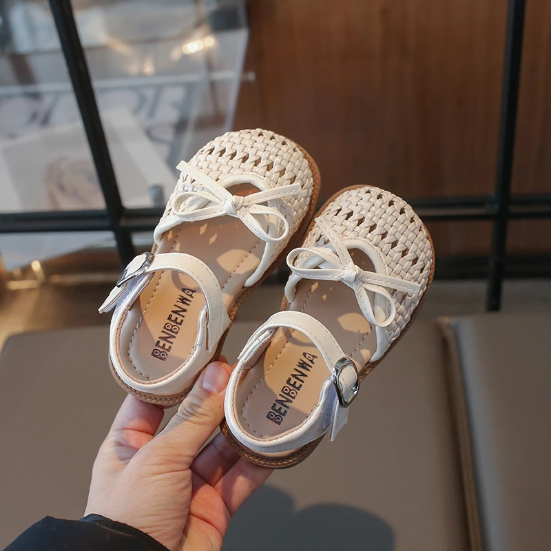 

Baby Girls Casual Sandals Summer Children Beach Shoes Anti Slip Soft Sole Toddler Kids Sandals Bow Woven Princess Shoes