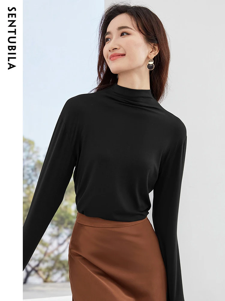 

SENTUBILA Mock Neck Long Sleeve T-Shirts for Women 2024 Autumn Winter New Solid Warm Bottoming Shirt Basic Inner Tops W33T52342