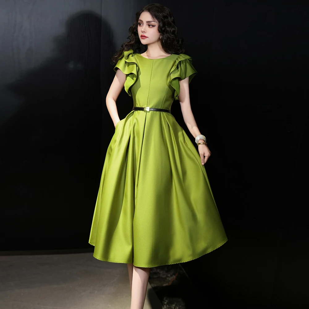

ZJYT Elegant Luxury Summer Midi Dresses for Women Butterfly Sleeves Solid Simple Evening Party Dress Green Black White Vestidos