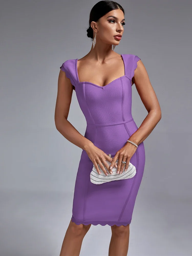 Lilac Purple Bandage Dress Women Party Dress Bodycon Elegant Scalloped Sexy Birthday Evening Outfits Summer 2023 New Arrival