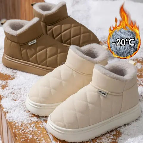 Waterproof Slip Resistant Winter Snow Boots Women Outdoor Traction Sole With Fur Lining Platform Cozy Slip On Slipper Shoes