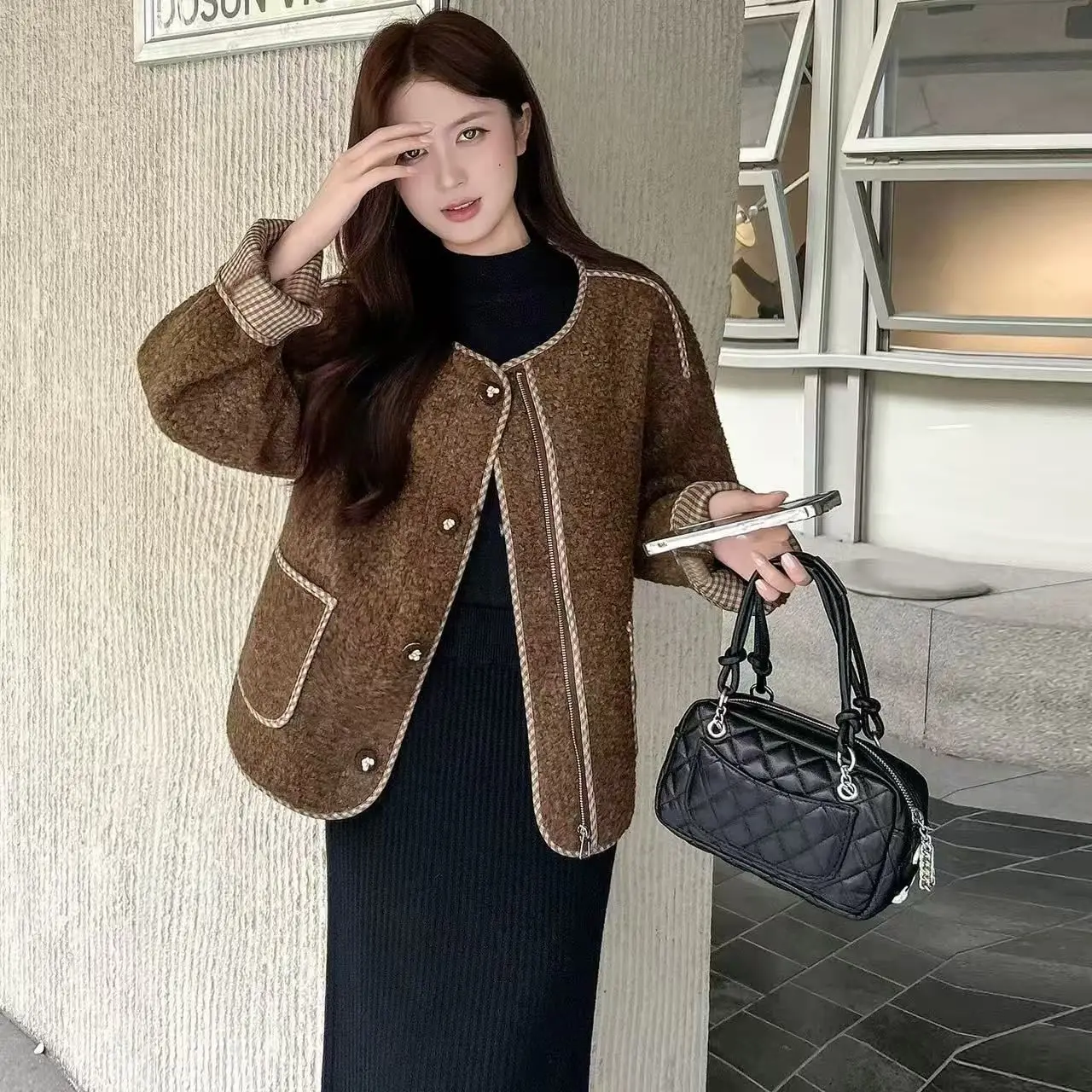 

2026 Spring and Autumn Women's Lamb Wool Coat Loose Splicing Round Neck Jacket