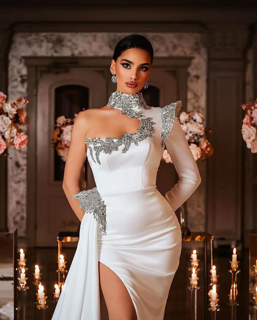 Vestido De Novia De cuello alto con cuentas De cristales, traje De Novia Sexy, longitud hasta el suelo, romántico