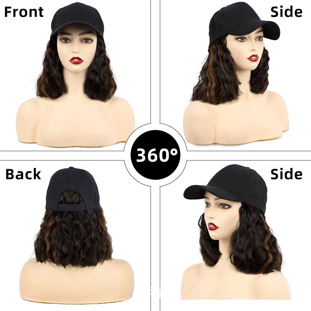 Adjustable Short Wavy Bob Hat Sythetic Wig For Women Hair Extensions Baseball Cap  High Temperature Fiber Water Wave Wig