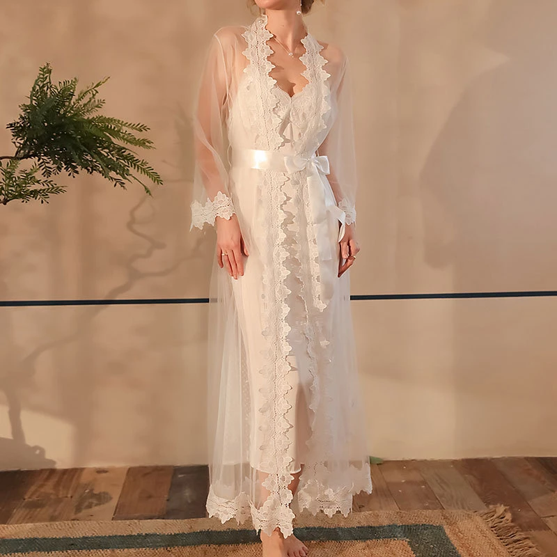 Pajamas Suspenders Nightgown Robe Two-piece Suit Water-soluble Flower Sexy Mesh Lace Splicing Long Home Clothes