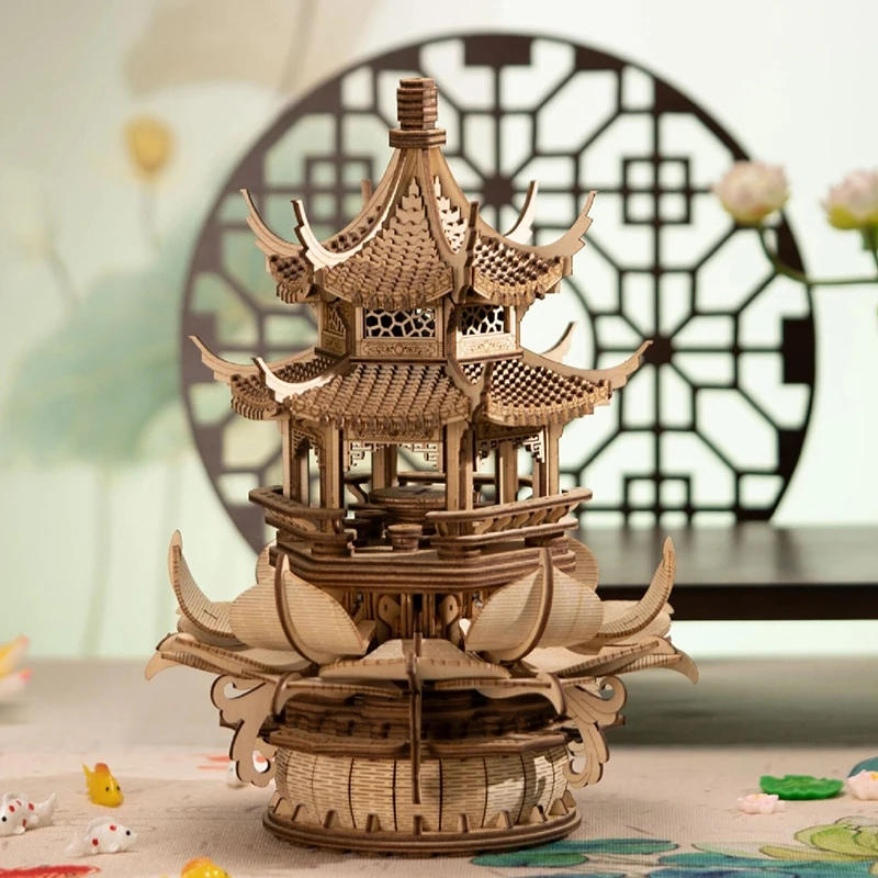 DIY Wooden Model Building Kits Pavilion in Lotus Breezes Creative Mortise Joint 3D Jigsaw Puzzles for Friends Birthday Gifts