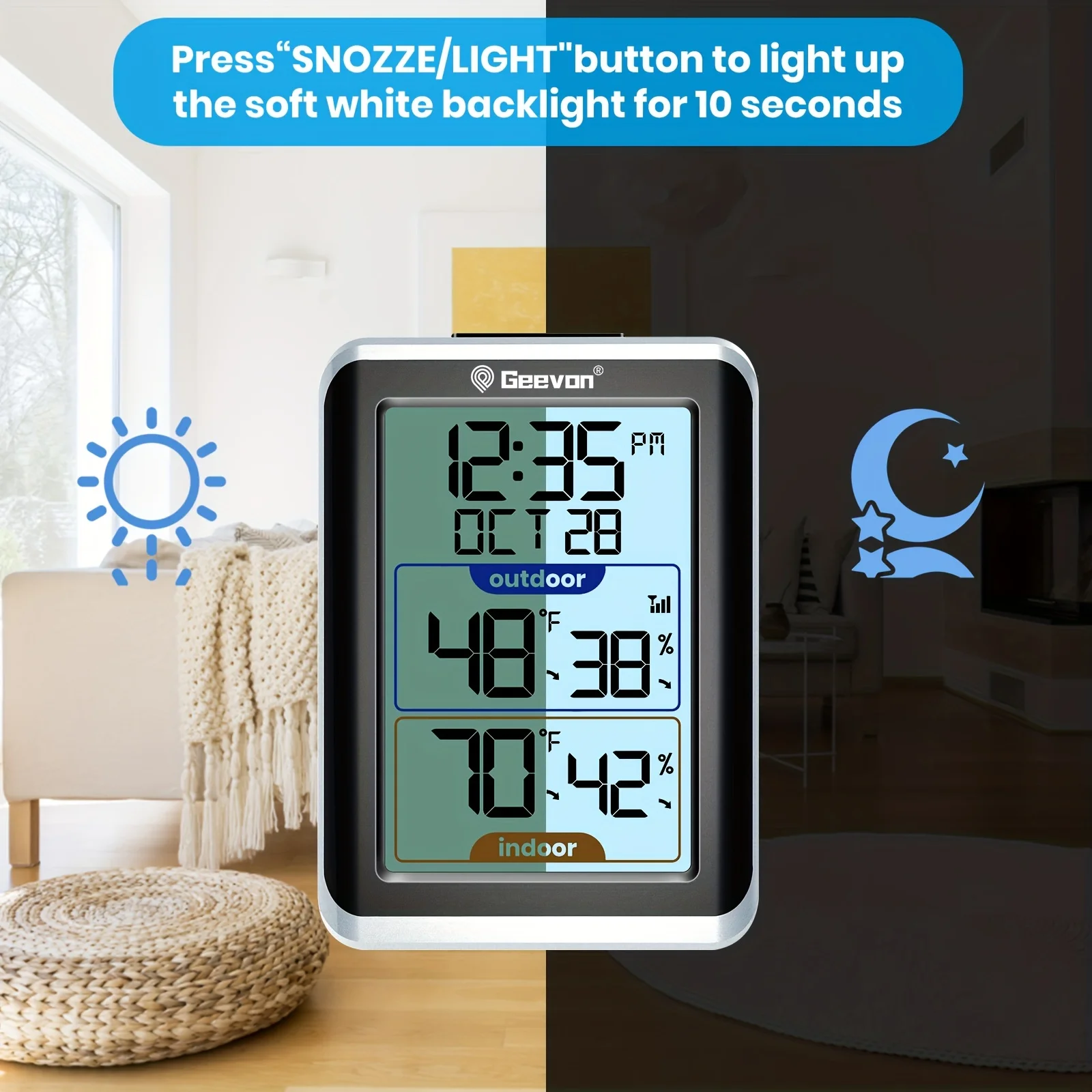 GEEVON Indoor Outdoor Thermometer Wireless Digital Hygrometer Temperature Gauge with Time,200ft/60m Range Temperature Humidity
