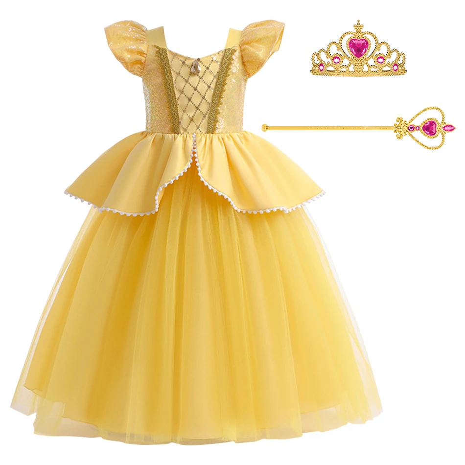 

Little Girls Belle Vestidos Children Summer Dance Fancy Performance Princess Cosplay Yellow Gown Halloween Big Bowknot Clothing