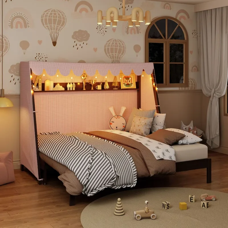 Kids Canopy Bed Fabric House Frame with Ambient Light Customizable Children Bedroom Furniture