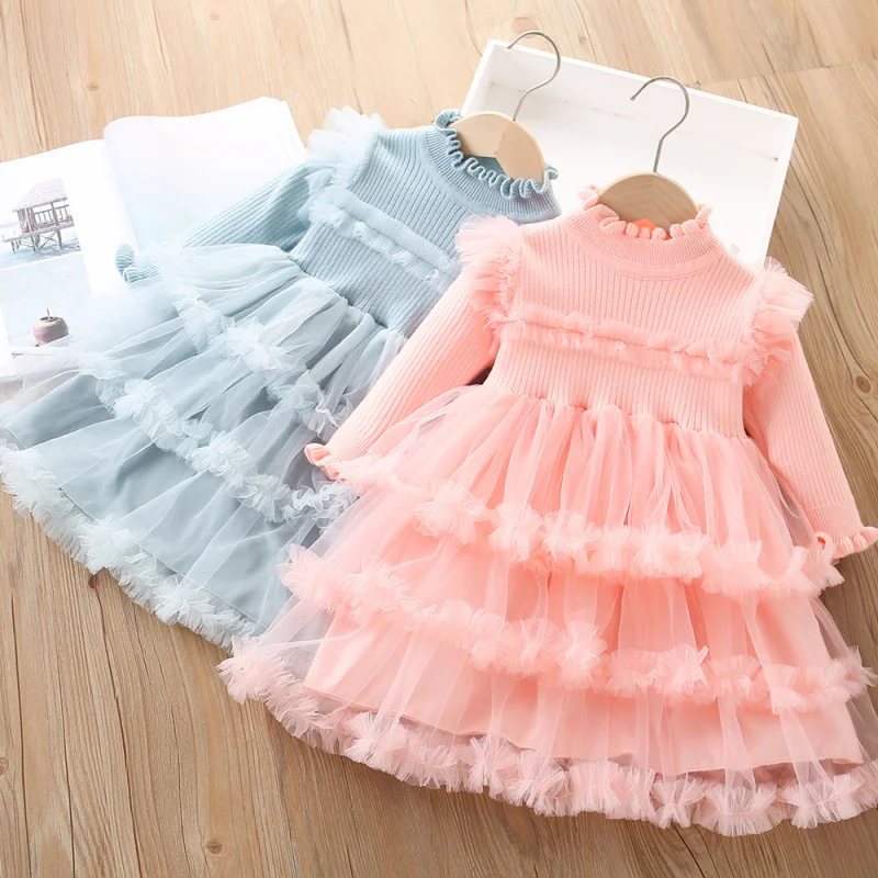 

Girls Sweater Dress Autumn Winter New Fashionable Sweet Knitted Patchwork Mesh Long Sleeve Cake Princess Dress
