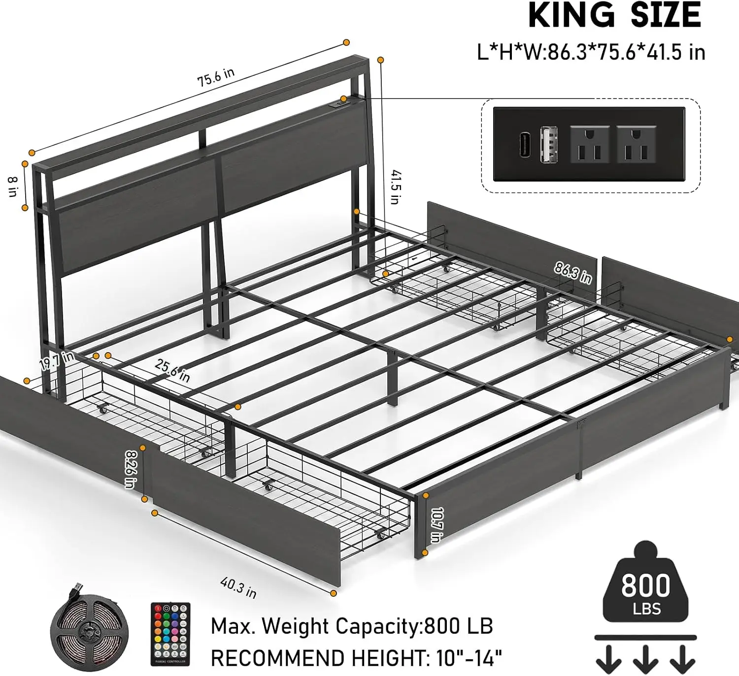 Kingsize-Bettgestell mit LED-B – King Size Bed Frame With Storage Drawers Bewertung und Preis