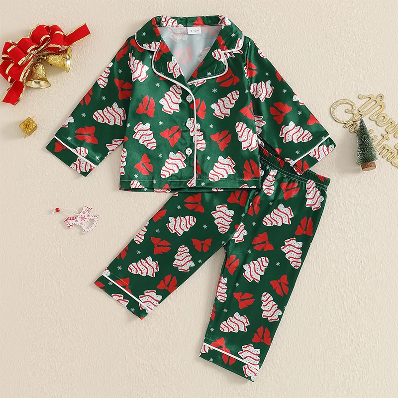 6M-4Y Girls Christmas Tree Bow Print 2Piece Satin Pajamas Loungewear Set Long Sleeve Lapel Shirt+Elastic Waist Pants Sleepwear