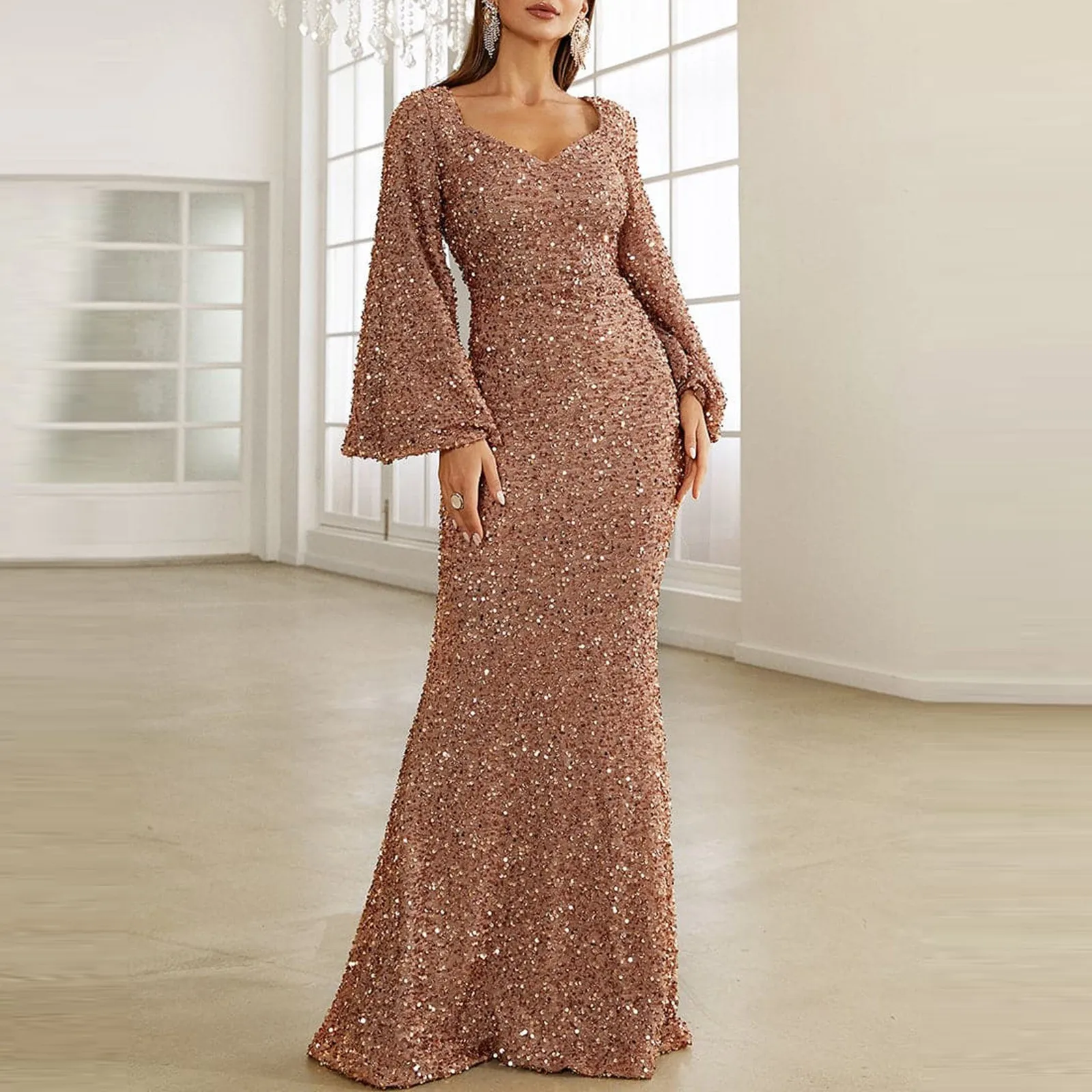 Women Modest Stretch Sequin O Neck Evening Prom Gown Party Long Dresses Full Sleeved Mermaid Formal Dinner Elegant Dress