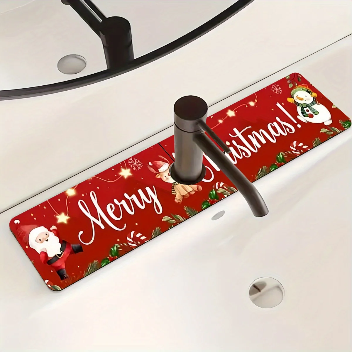VIKAMA Kitchen Faucet Mat Quick-Dry Absorbent Desktop Pad Water Tank Splash Guard Christmas Pattern Home Decoration
