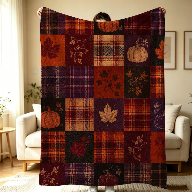 Patchwork Flannel Throw Blanket, Autumn Plaid Pumpkin Maple Leaf, Rustic Harvest Home Decor