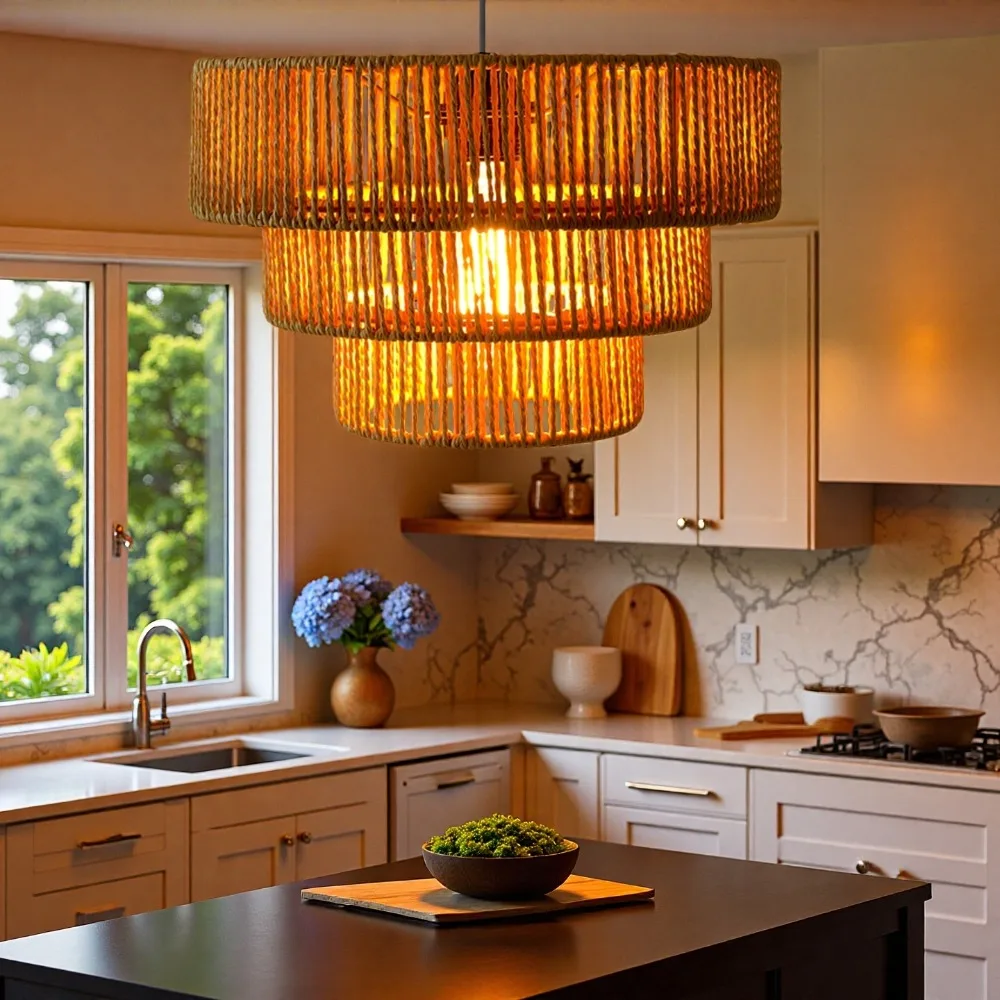 

Boho Pendant Light 3-Tiered Chandelier Light Fixtures 32CM Farmhouse Hanging Lamp Woven Pendant Lamp for Dining Room Living Room