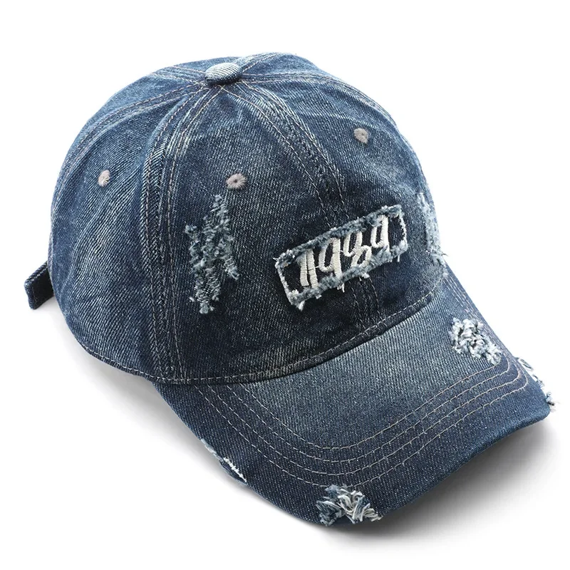 Retro Denim Baseball Cap for Women Mens Caps Distressed Ripped 1989 Embroidery Trucker Hat