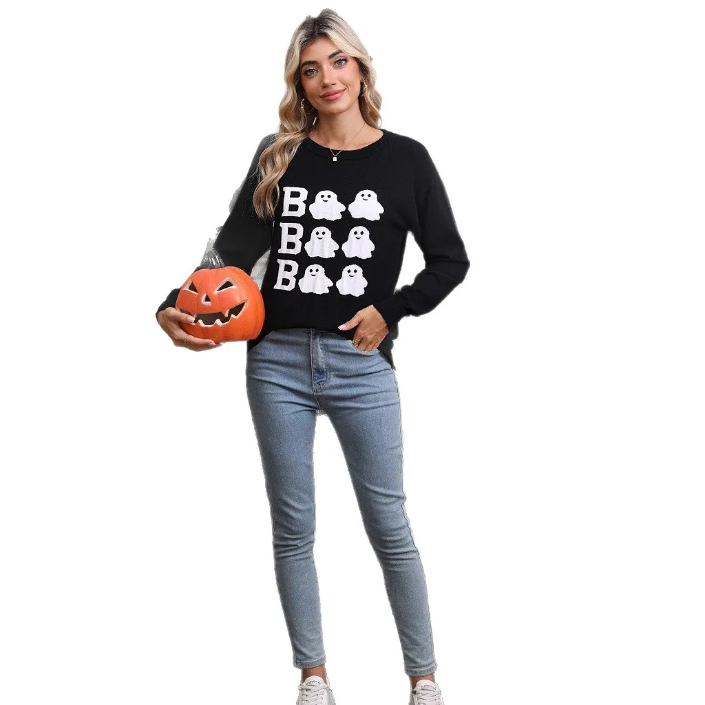 Embroidered round Ne Knit Sweater Casual loween Design Long Sve Mid-Length Women's Comfortable Commute Sle Sweater