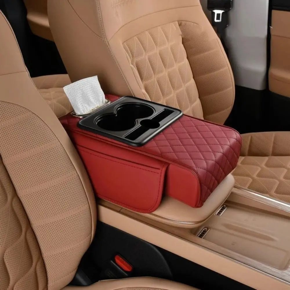

Portable Center Console Armrest Cushion PU Leather with Cup Holder Tissue Box Armrest Pad Height Increasing Multifunctional