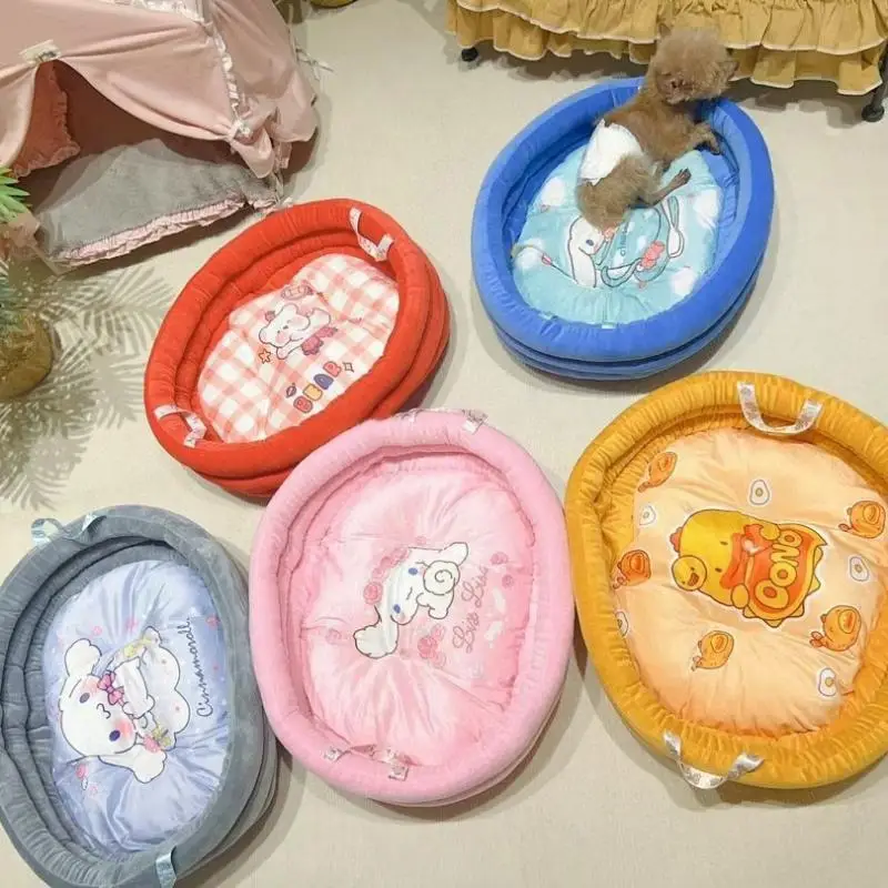 Hot Sanrios Oval with Handle Four Seasons Pet Bed Kawaii Cinnamoroll Cartoon Cute Soft Keep Warm Cat Kennel Fashion New Style