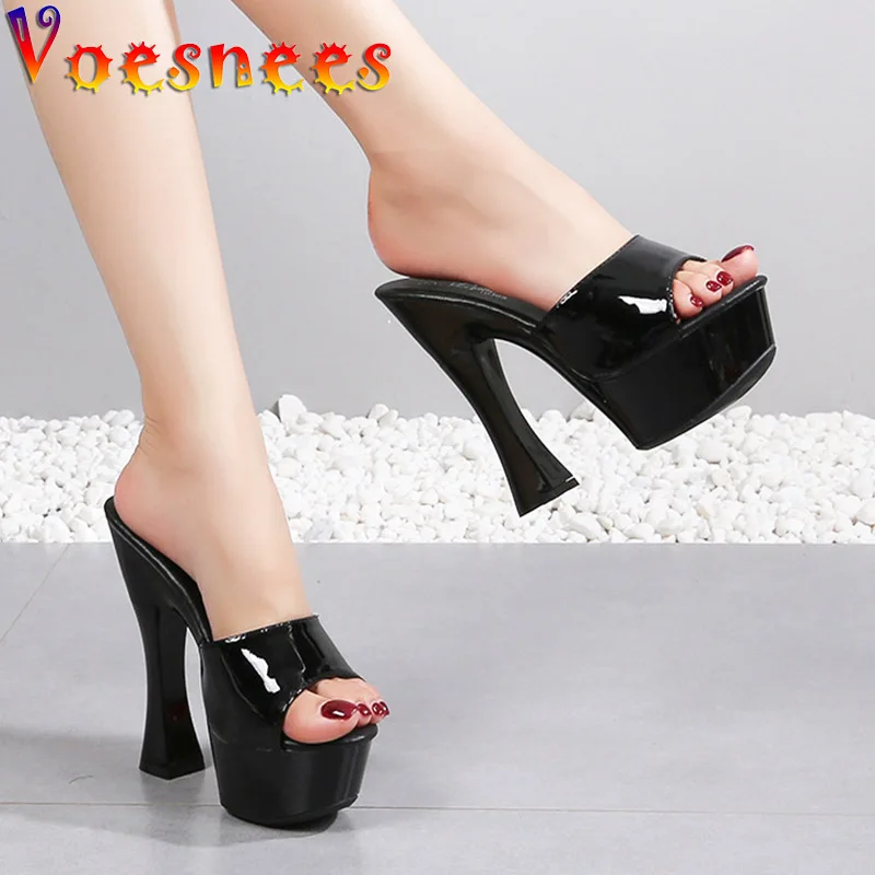 Voesnees 2022 New High Heels Round Toe Slippers Women Pumps 14CM Sexy Pure Colour Sandals Large Size Thick Platform Party Shoes