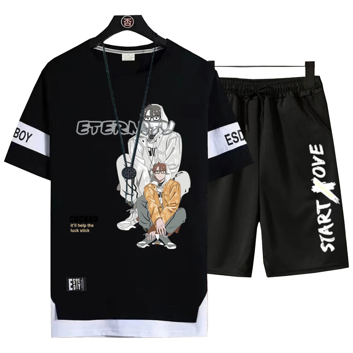 Men's Short Sleeved Shirt Casual Shorts Letter Printed Pattern Round Neck Top Youth Student hip-hop Clothing Spring Summer