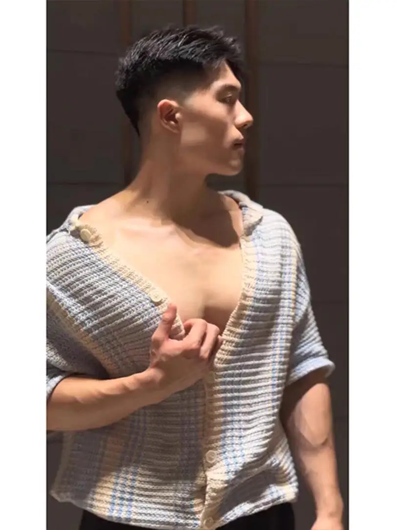 

American Sle Hard Man Hollow out Knitwear Muscle Men Loose ort Sve Open Cardigan Sexy Loose Sight Line irt