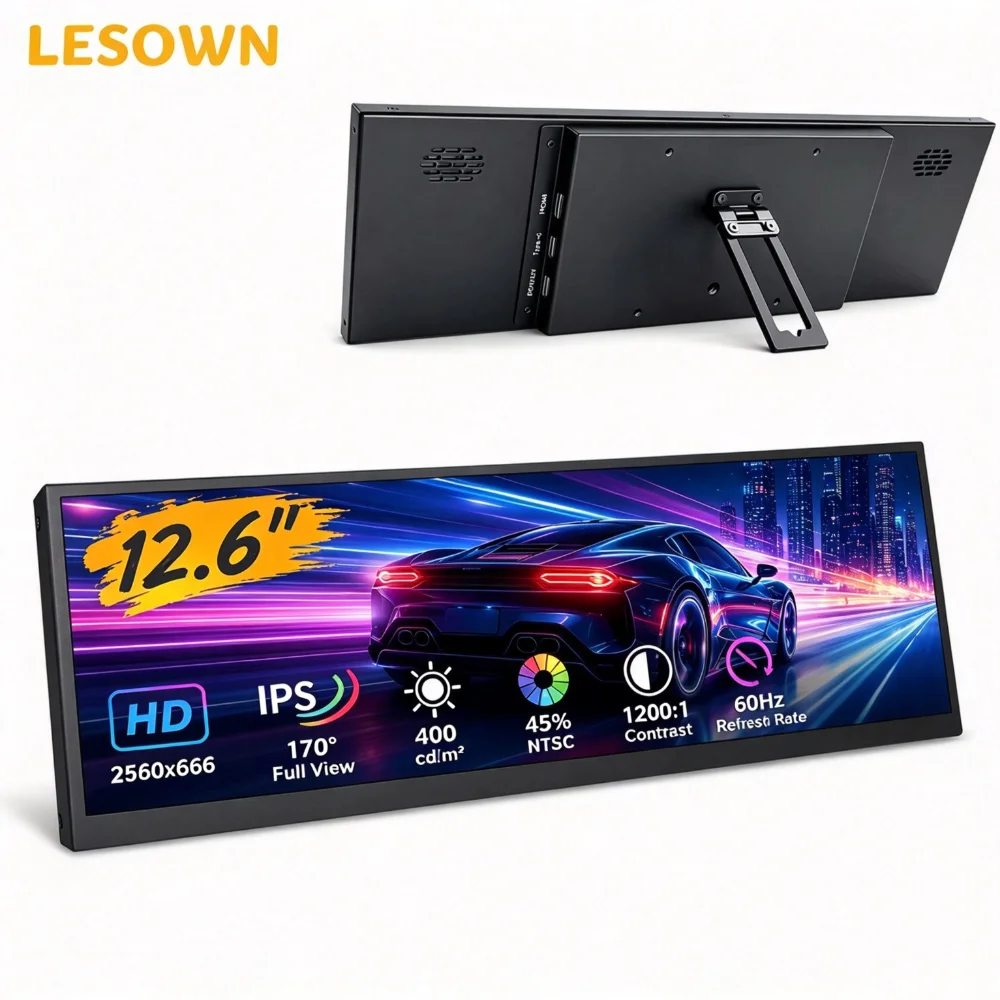 LESOWN 12.6 Inch Strip Touch Display 2560x666 Ultra Wide 16:4 Aspect Ratio Aluminium Matte Black Shell for Raspberry Pi Projects