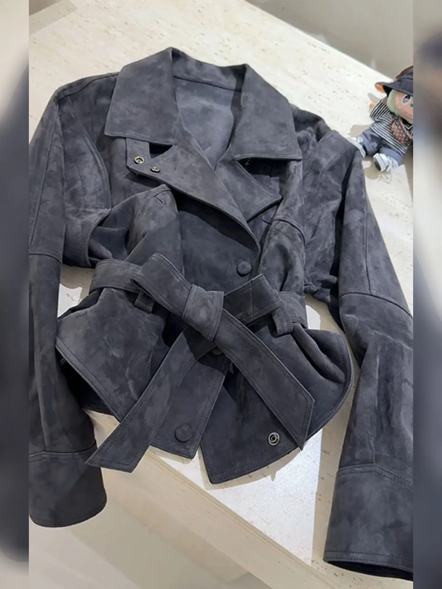 

Ele Blue Suede ort Coat Women's Faion Spring High Waist Cinched Flip Collar Casual Lightweight Luxury Sle Jaet