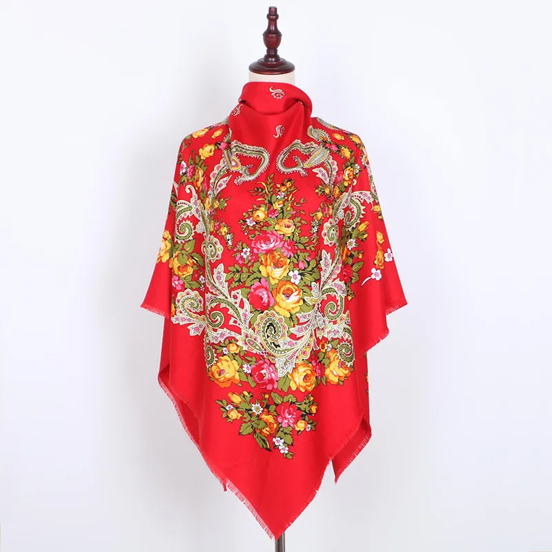 Russian Style Big Size Square Scarf Luxury Women Floral Print Bandana Wraps Female Retro Short Tassel Ethnic Shawl Handkerchief